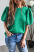 Textured Round Neck Short Puff Sleeve Woven Blouse