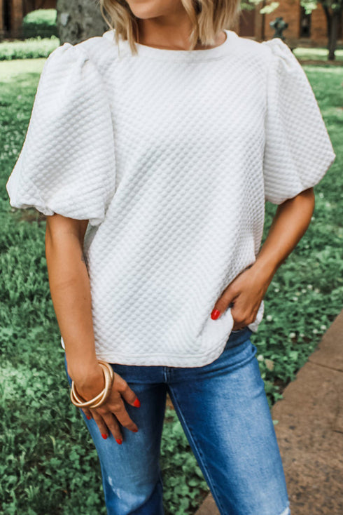 Textured Round Neck Short Puff Sleeve Woven Blouse