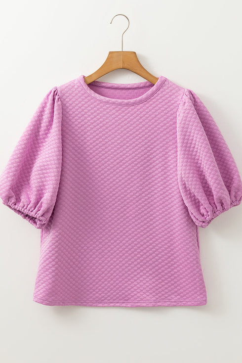 Textured Round Neck Short Puff Sleeve Woven Blouse