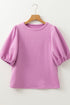 Textured Round Neck Short Puff Sleeve Woven Blouse