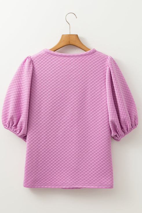 Textured Round Neck Short Puff Sleeve Woven Blouse