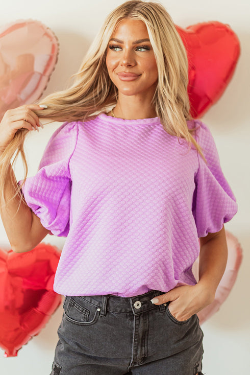 Textured Round Neck Short Puff Sleeve Woven Blouse