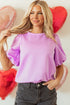 Textured Round Neck Short Puff Sleeve Woven Blouse