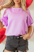 Textured Round Neck Short Puff Sleeve Woven Blouse