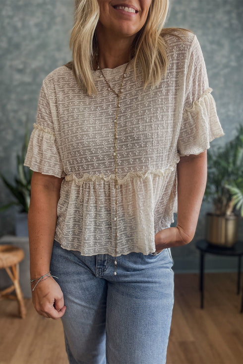 Textured Ruffle Detail Short Sleeve Sheer Blouse