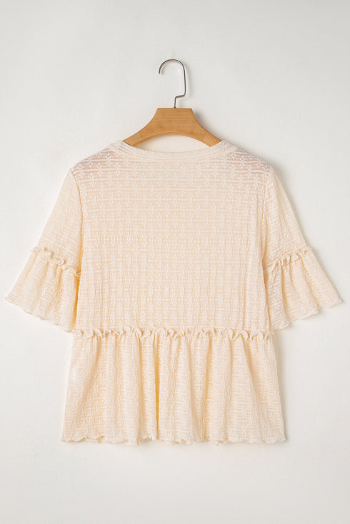 Textured Ruffle Detail Short Sleeve Sheer Blouse