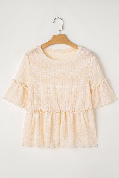 Textured Ruffle Detail Short Sleeve Sheer Blouse