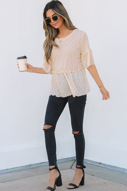 Textured Ruffle Detail Short Sleeve Sheer Blouse