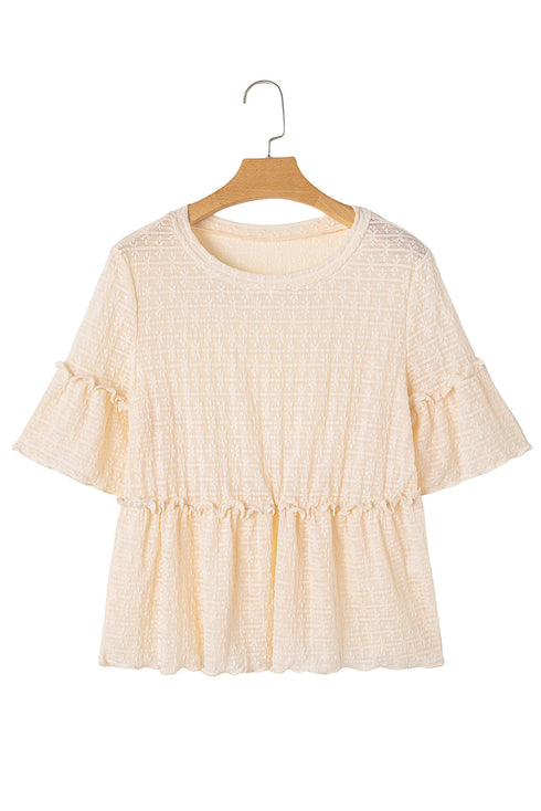Textured Ruffle Detail Short Sleeve Sheer Blouse