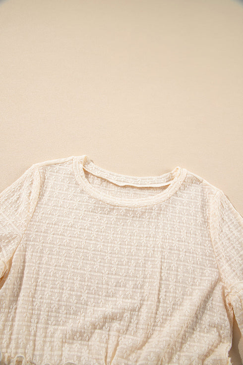 Textured Ruffle Detail Short Sleeve Sheer Blouse