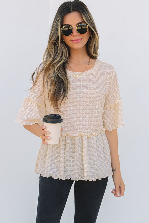 Textured Ruffle Detail Short Sleeve Sheer Blouse