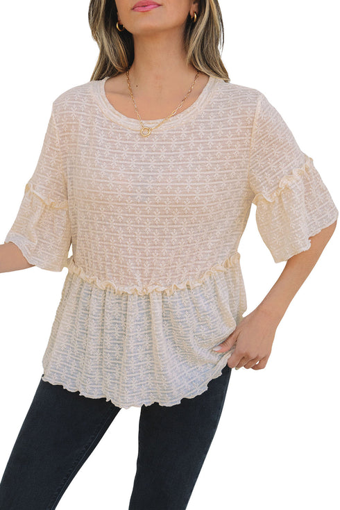 Textured Ruffle Detail Short Sleeve Sheer Blouse