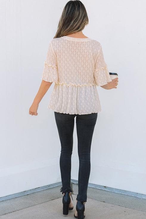 Textured Ruffle Detail Short Sleeve Sheer Blouse