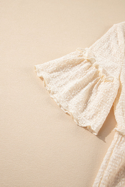 Textured Ruffle Detail Short Sleeve Sheer Blouse