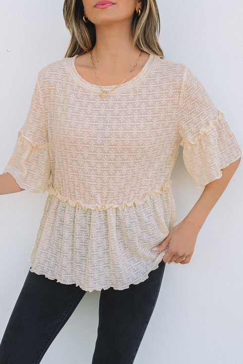 Textured Ruffle Detail Short Sleeve Sheer Blouse