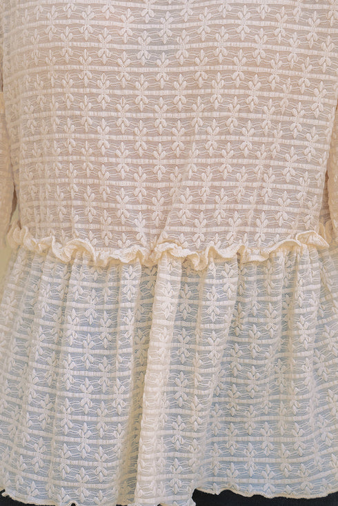 Textured Ruffle Detail Short Sleeve Sheer Blouse