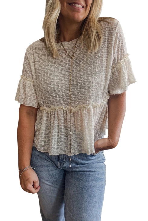 Textured Ruffle Detail Short Sleeve Sheer Blouse