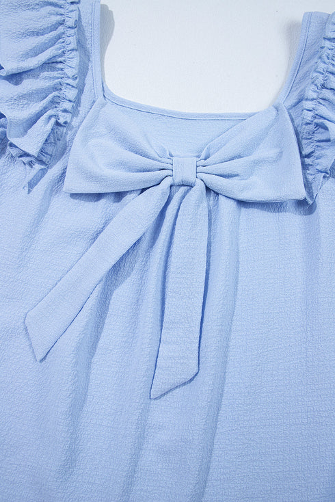 Textured Ruffle Sleeve Bow Back Detail Top
