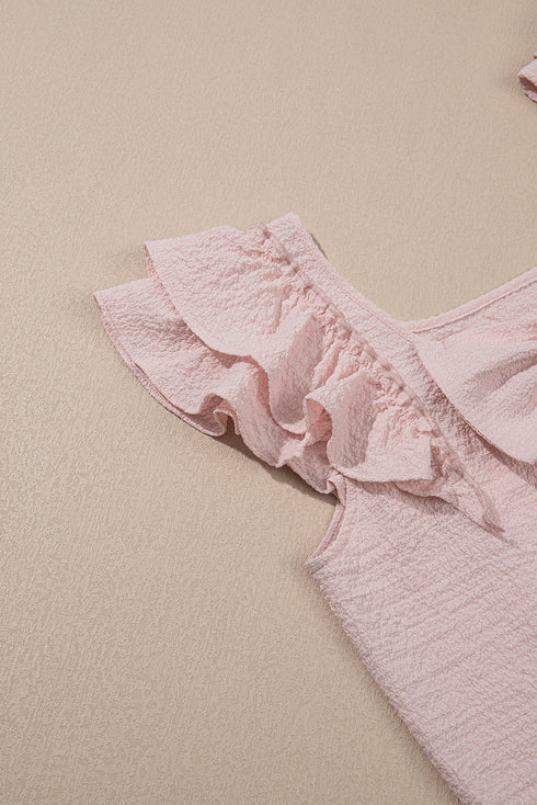 Textured Ruffle Sleeve Bow Back Detail Top