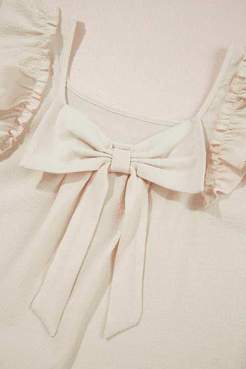 Textured Ruffle Sleeve Bow Back Detail Top