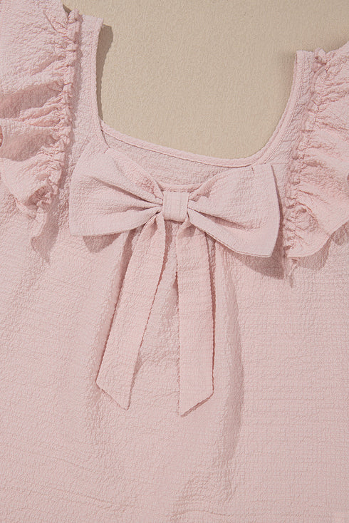 Textured Ruffle Sleeve Bow Back Detail Top