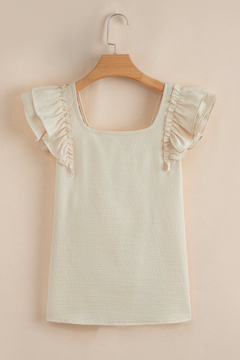 Textured Ruffle Sleeve Bow Back Detail Top