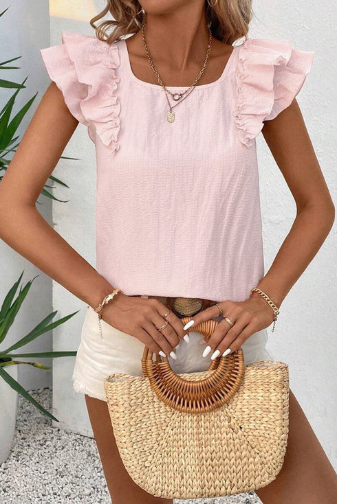 Textured Ruffle Sleeve Bow Back Detail Top