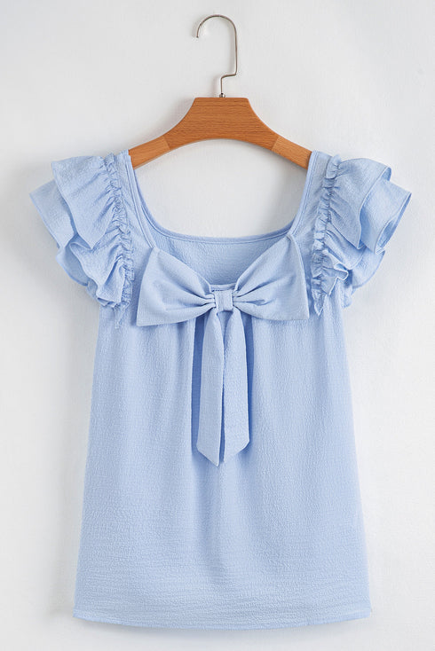 Textured Ruffle Sleeve Bow Back Detail Top
