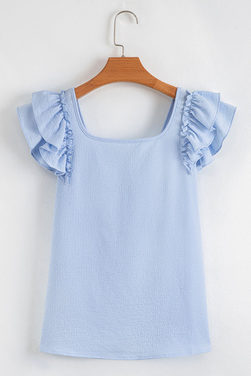 Textured Ruffle Sleeve Bow Back Detail Top