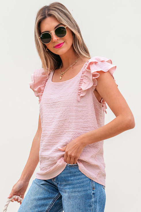 Textured Ruffle Sleeve Bow Back Detail Top