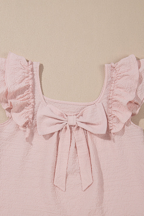 Textured Ruffle Sleeve Bow Back Detail Top