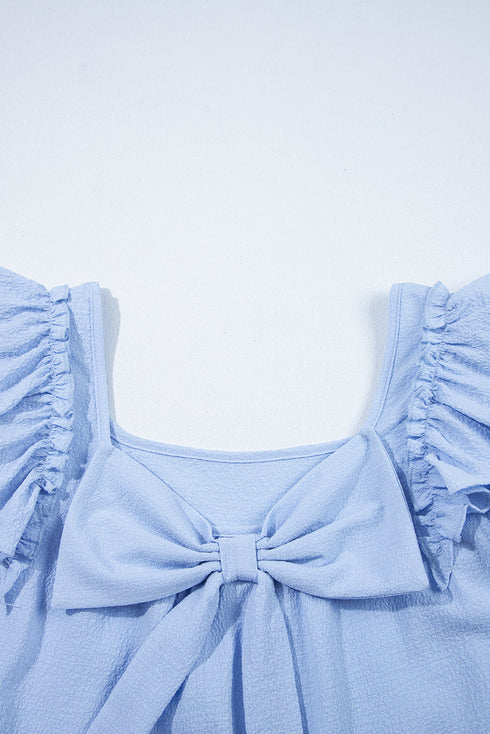 Textured Ruffle Sleeve Bow Back Detail Top