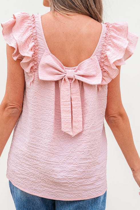 Textured Ruffle Sleeve Bow Back Detail Top
