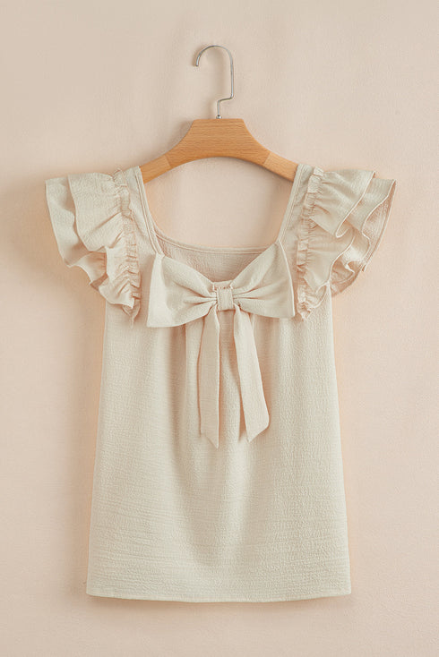 Textured Ruffle Sleeve Bow Back Detail Top