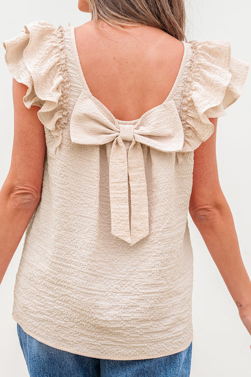Textured Ruffle Sleeve Bow Back Detail Top