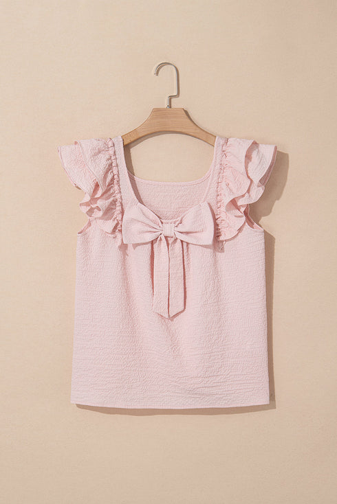 Textured Ruffle Sleeve Bow Back Detail Top