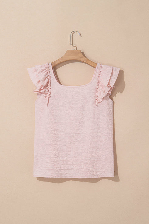Textured Ruffle Sleeve Bow Back Detail Top
