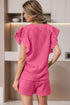 Textured Ruffle Sleeve Drawstring Waist Solid Short Set
