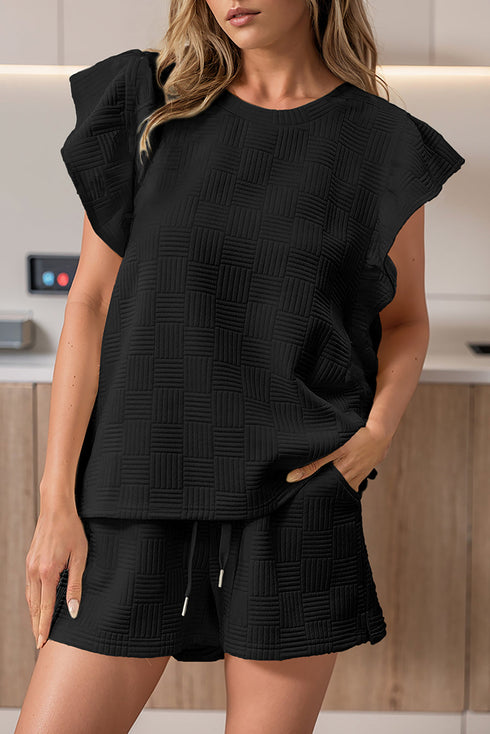 Textured Ruffle Sleeve Drawstring Waist Solid Short Set