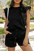 Textured Ruffle Sleeve Drawstring Waist Solid Short Set