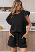Textured Ruffle Sleeve Drawstring Waist Solid Short Set