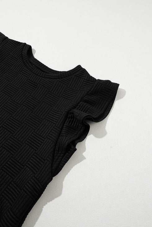 Textured Ruffle Sleeve Drawstring Waist Solid Short Set