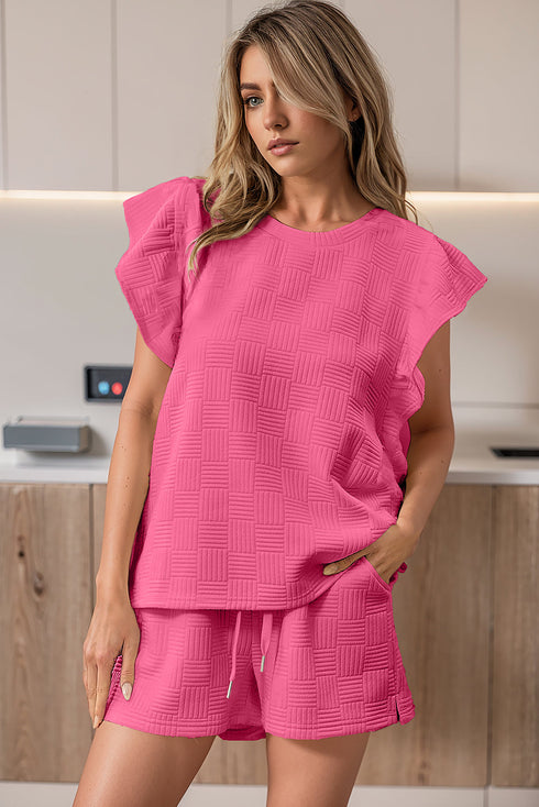 Textured Ruffle Sleeve Drawstring Waist Solid Short Set