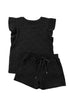 Textured Ruffle Sleeve Drawstring Waist Solid Short Set