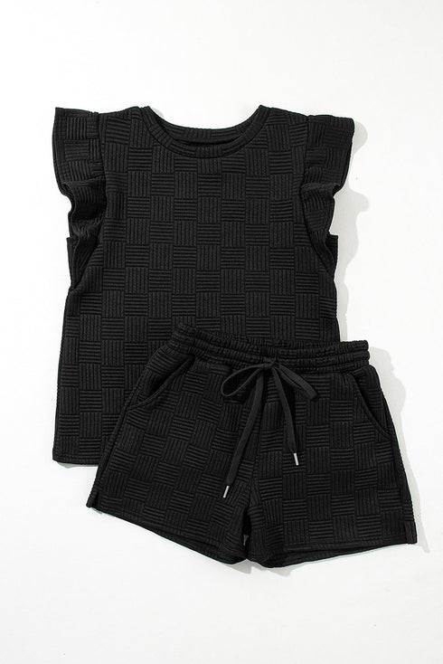 Textured Ruffle Sleeve Drawstring Waist Solid Short Set
