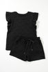 Textured Ruffle Sleeve Drawstring Waist Solid Short Set