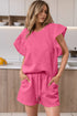 Textured Ruffle Sleeve Drawstring Waist Solid Short Set