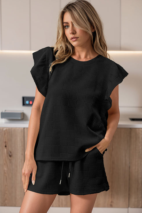 Textured Ruffle Sleeve Drawstring Waist Solid Short Set