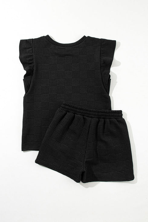 Textured Ruffle Sleeve Drawstring Waist Solid Short Set