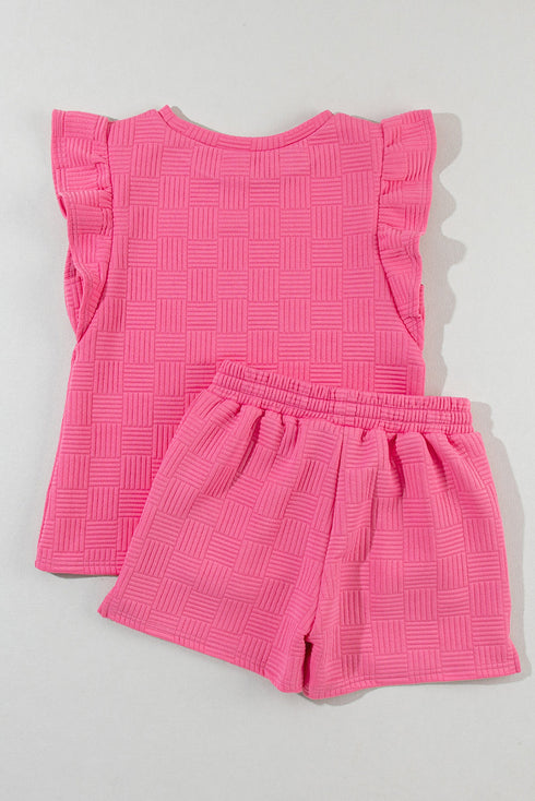 Textured Ruffle Sleeve Drawstring Waist Solid Short Set